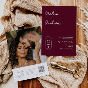 Invitation Burgundy Boho Minimaliste Mariage QR Code photo
