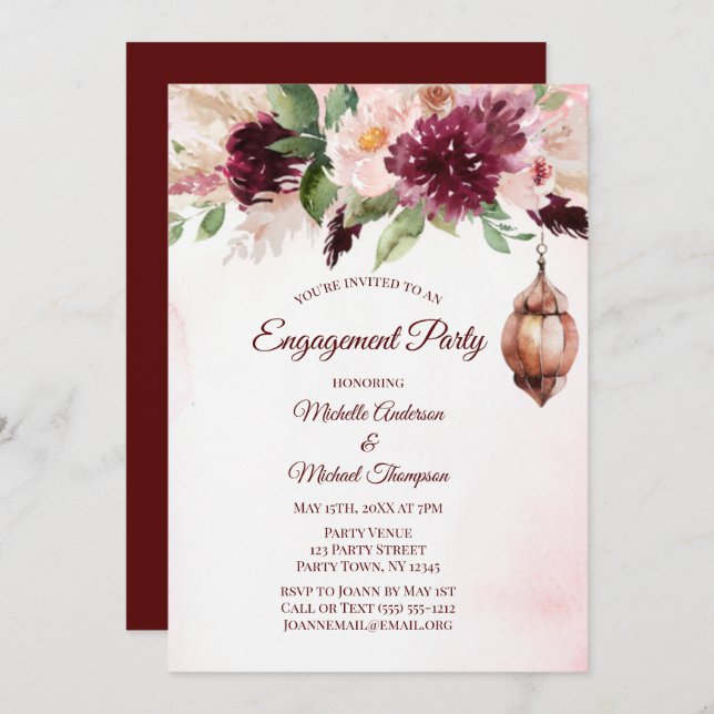 Invitation Burgundy Boho Watercolor Floral Engagement Party (Devant / Derrière)