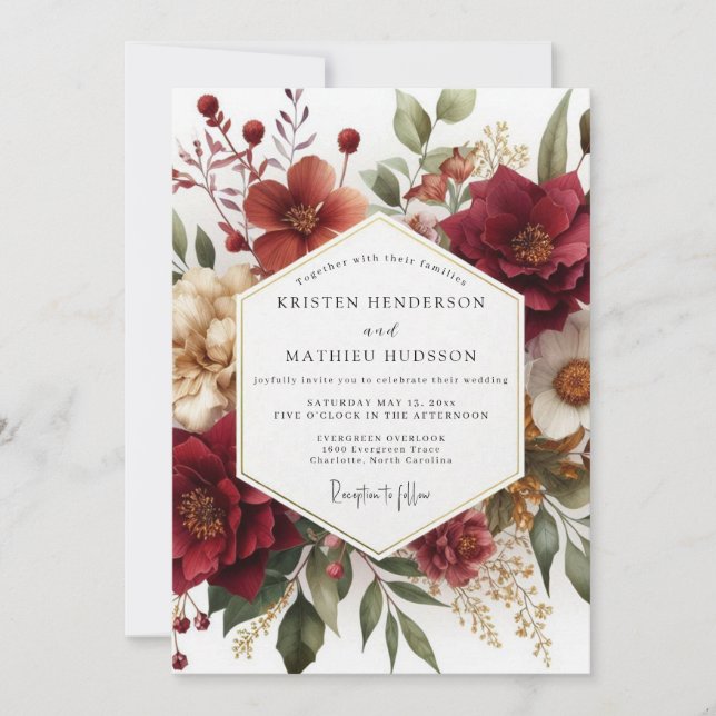 Invitation Burgundy Botanical Romance Wedding (Devant)