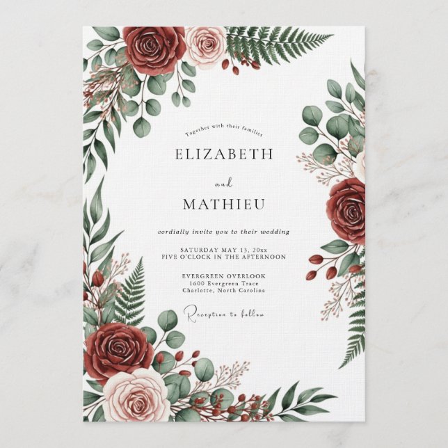 Invitation Burgundy Botanical Romantic Wedding (Devant)