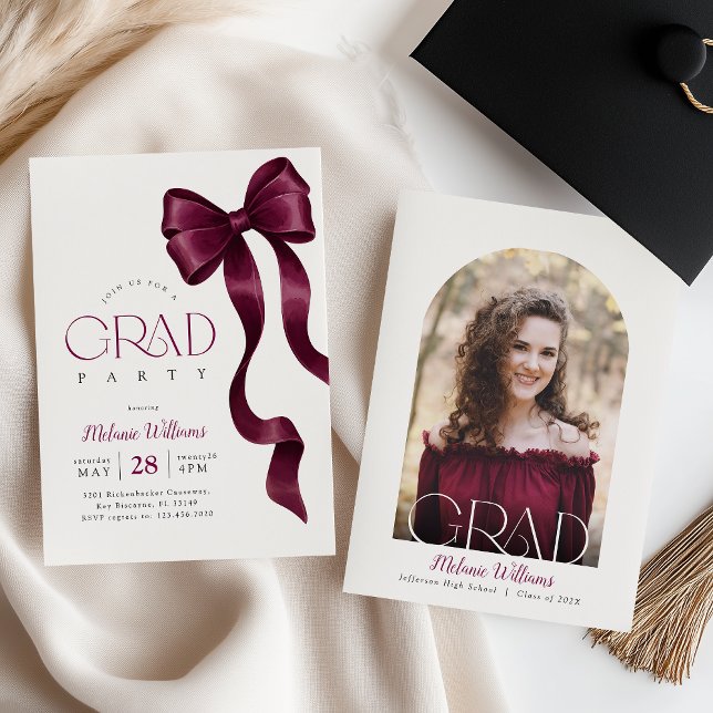 Invitation Burgundy Bow Graduation Photo (Créateur téléchargé)