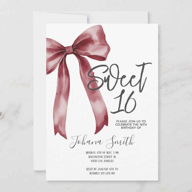 Invitation Burgundy Bow Sweet Sixteen Girl Birthday Party (Devant)