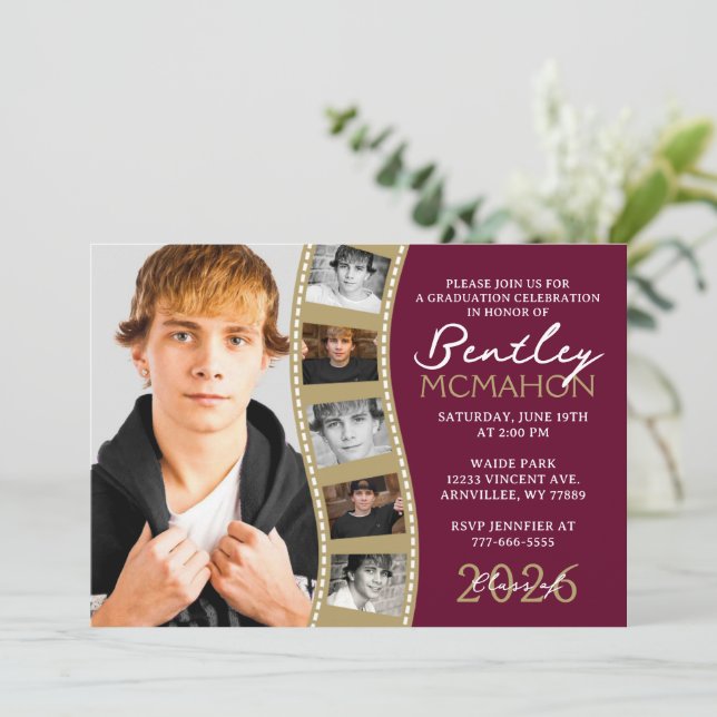 Invitation Burgundy Bronze Photo Filmstrip Graduation Collage (Debout devant)