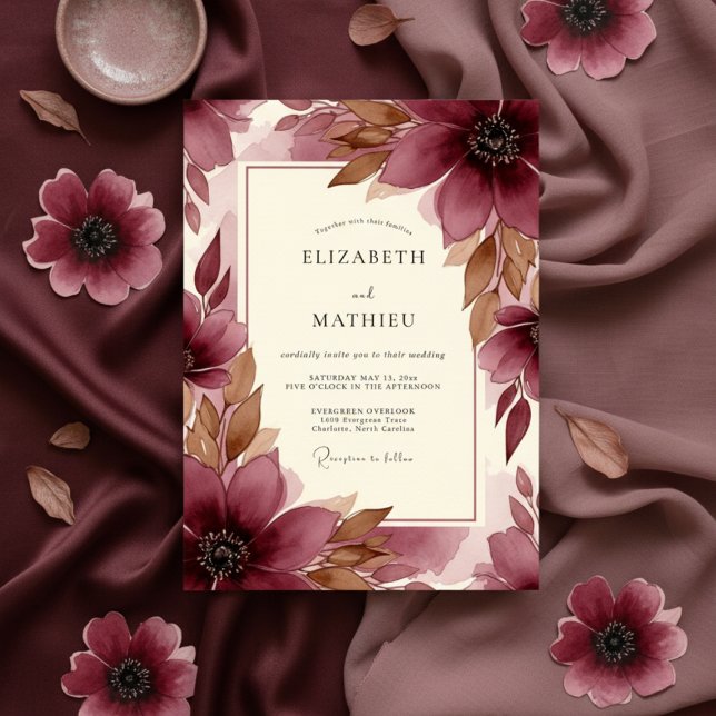 Invitation Burgundy Brushstroke Bloom Wedding (Créateur téléchargé)