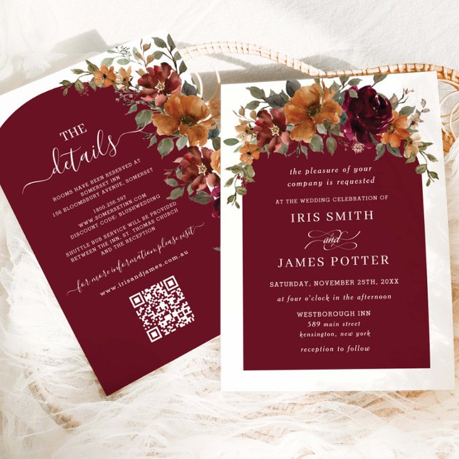 Invitation Burgundy Burnt Orange Floral Détails du Mariage QR (Créateur téléchargé)
