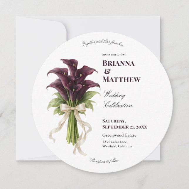 Invitation Burgundy Calla Lily Wedding Bouquet Ivory Ribbon  (Devant)