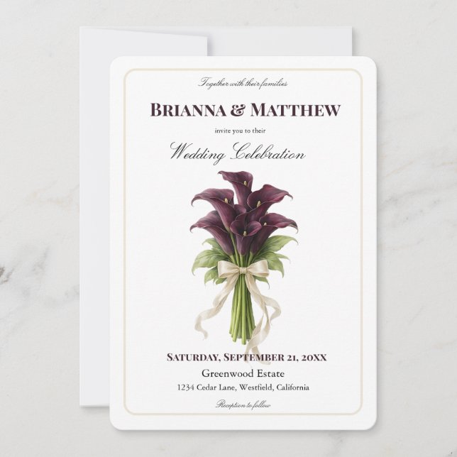 Invitation Burgundy Calla Lily Wedding Bouquet Ivory Ribbon  (Devant)