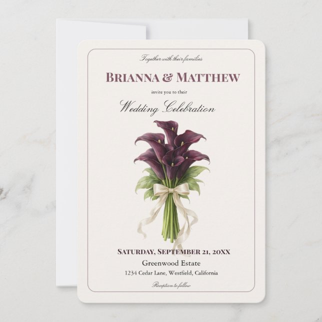 Invitation Burgundy Calla Lily Wedding Bouquet Ivory Ribbon  (Devant)