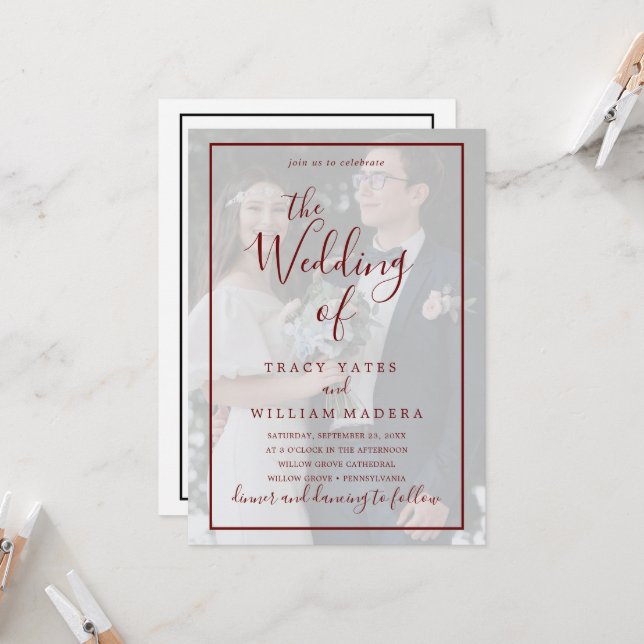 Invitation Burgundy Calligraphy Vellum Photo Overlay Mariage (Devant/Arrière en situation)