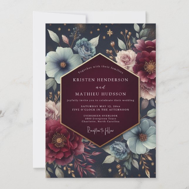 Invitation Burgundy Celestial Bloom Wedding (Devant)
