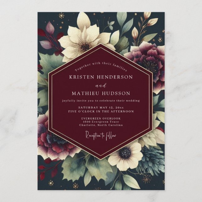 Invitation Burgundy Celestial Floral Wedding (Devant)