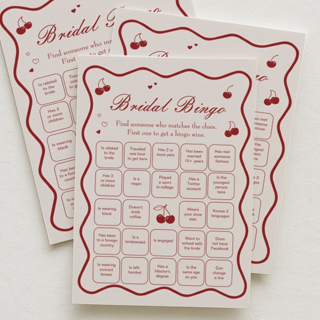 Invitation Burgundy Cherry Bridal Shower Bingo Game Card (Créateur téléchargé)