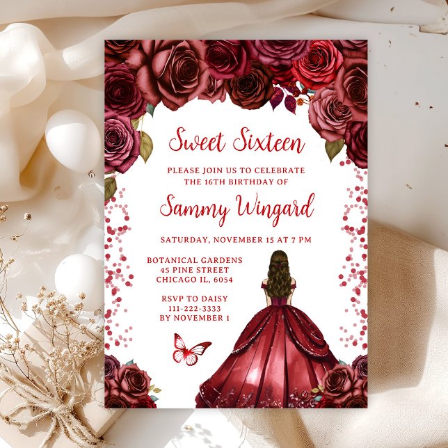 Invitation Burgundy Cheveux Bruns Princesse Sweet Seize (Créateur téléchargé)