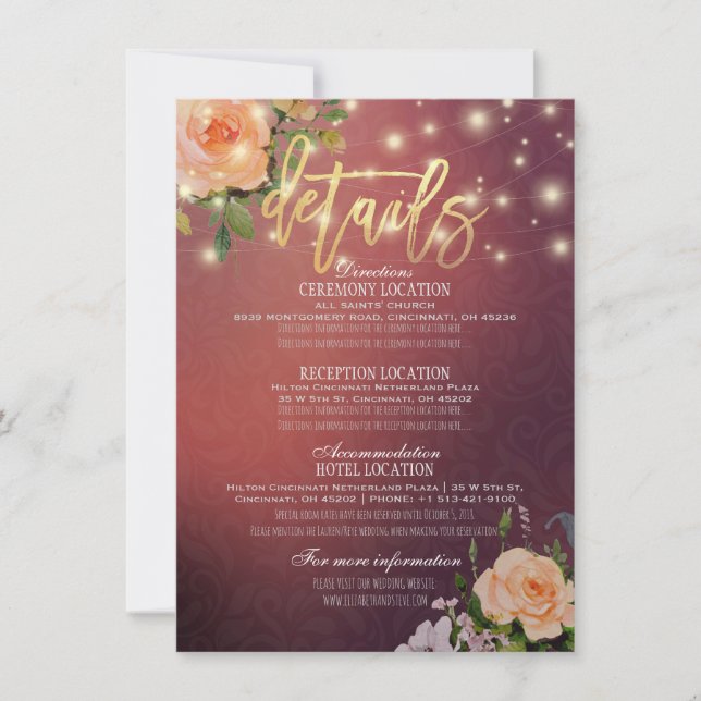 Invitation Burgundy Chic Floral String Lights Mariage Détail (Devant)