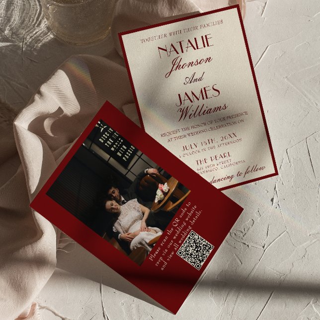 Invitation Burgundy Cream Old Money QR Code Photo Wedding (Créateur téléchargé)