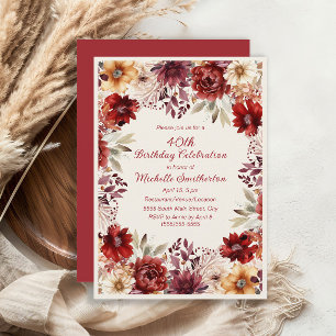 Invitation Burgundy Cream Watercolor Floral 40e Anniversaire