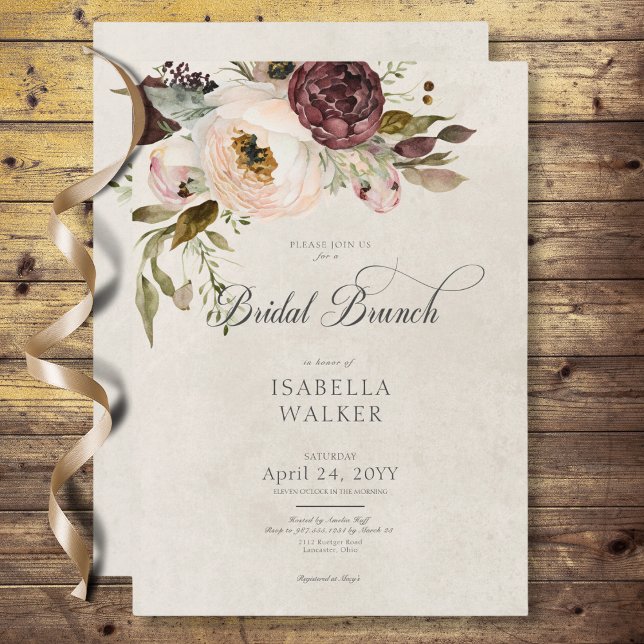 Invitation Burgundy Crème rose Vintage pivoines Brunch nuptia (Burgundy Cream Pink Vintage Peonies Bridal Brunch Invitation)