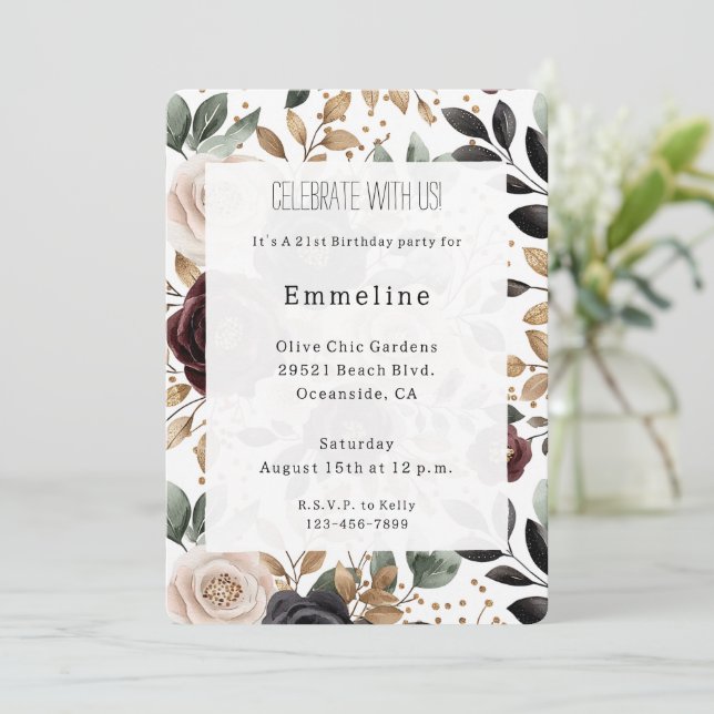 Invitation Burgundy Crème Rouge Floral Anniversaire (Debout devant)