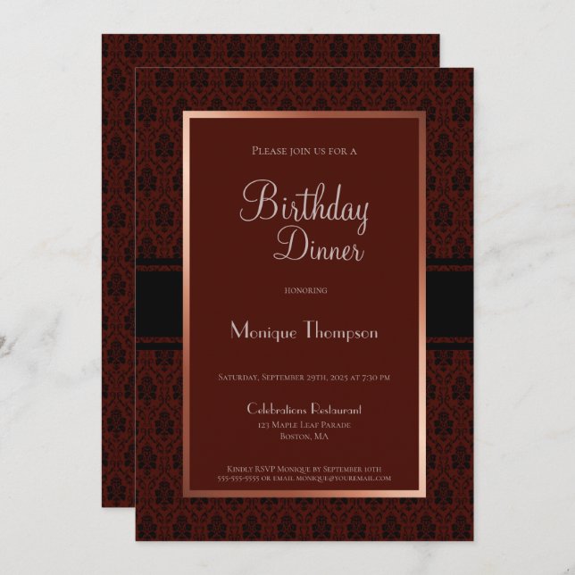 Invitation Burgundy Damask Anniversaire Dîner (Devant / Derrière)