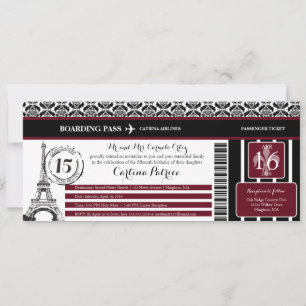 Invitation Burgundy Damask Quinceanera Paris Embarquement Pas