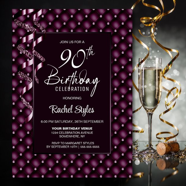 Invitation Burgundy Diamond Motif 90e fête d'anniversaire (Créateur téléchargé)
