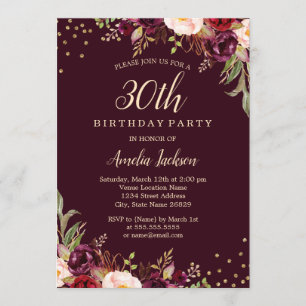 Invitation Burgundy doré floral Étincelle 30e Anniversaire