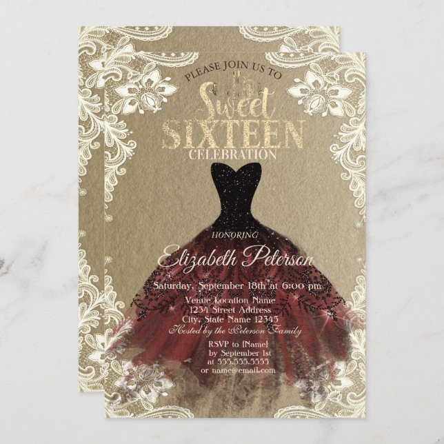Invitation Burgundy Dress,Crown,Lace Kraft Sweet 16 Party (Devant / Derrière)