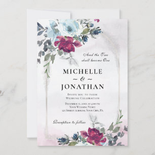 Invitation Burgundy Dusty Blue Rose Garden Mariage chrétien