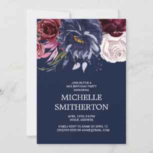 Invitation Burgundy Élégant Fleurs Bleu Marine 60e Anniversai