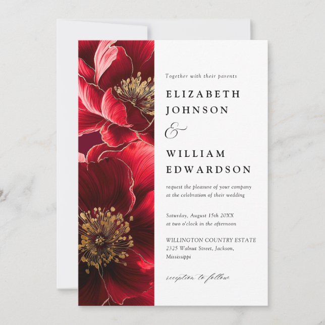 Invitation Burgundy Elegant Floral moderne QR Code Mariage (Devant)