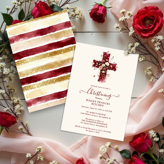 Invitation Burgundy Elegant Glitter Floral Cross Baptism (Burgundy Elegant Glitter Effect Floral Cross Christian Baptism Invitation Card Design.)
