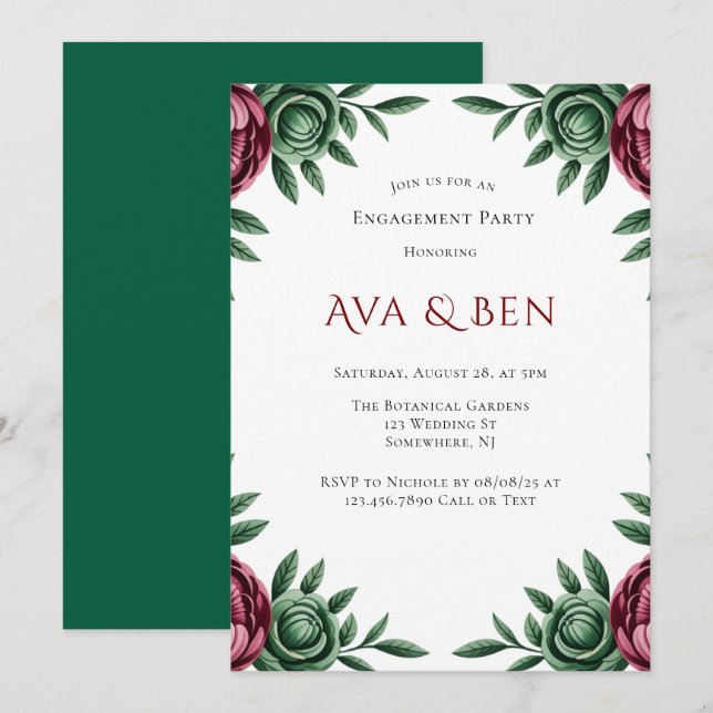 Invitation Burgundy & Emerald Peony (Devant / Derrière)