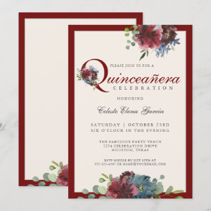 Invitation Burgundy et bleu aquarelle Quinceanera florale