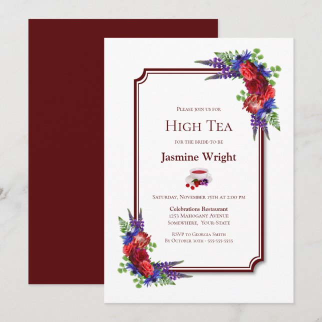 Invitation Burgundy et Blue Floral Bridal High Tea (Devant / Derrière)