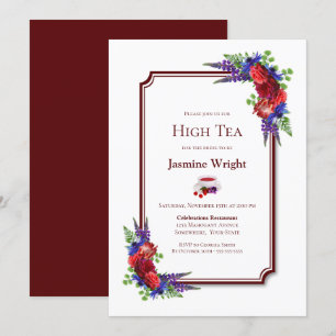 Invitation Burgundy et Blue Floral Bridal High Tea
