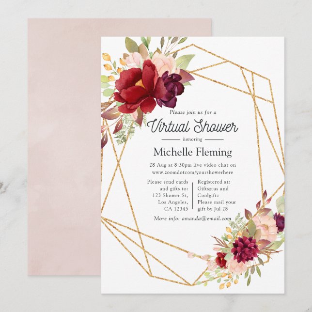 Invitation Burgundy et Blush Boho Géométrique Virtuelle Douch (Devant / Derrière)