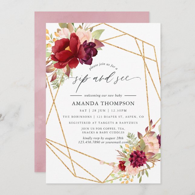Invitation Burgundy et Blush Boho Sip géométrique Voir (Devant / Derrière)