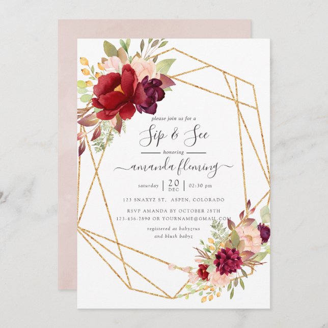 Invitation Burgundy et Blush Boho Sip géométrique Voir (Devant / Derrière)