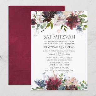 Invitation Burgundy et Blush Fleur aquarelle Bat Mitzvah