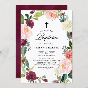 Invitation Burgundy et Blush Floral Wreath Fall Baptiser
