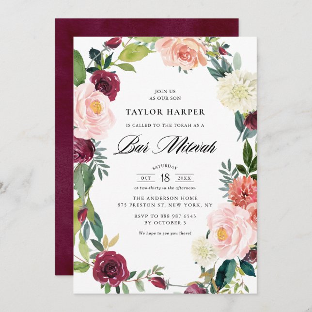 Invitation Burgundy et Blush Floral Wreath Fall Bar Mitzvah (Devant / Derrière)