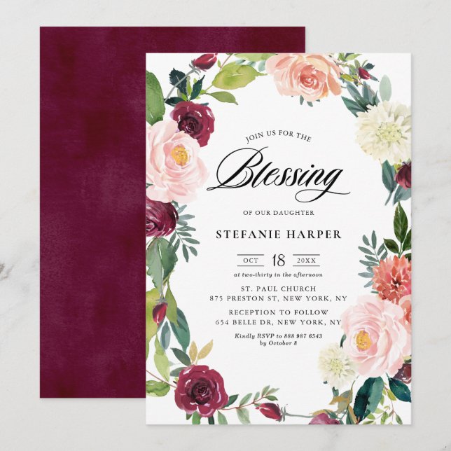 Invitation Burgundy et Blush Floral Wreath Fall Blessing (Devant / Derrière)