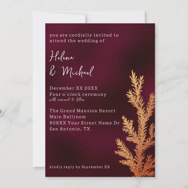 Invitation Burgundy et cuivre Hiver Mariage Pine Branche (Devant)