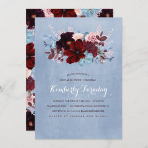 Invitation Burgundy et Dusty Blue Floral Fête des mariées