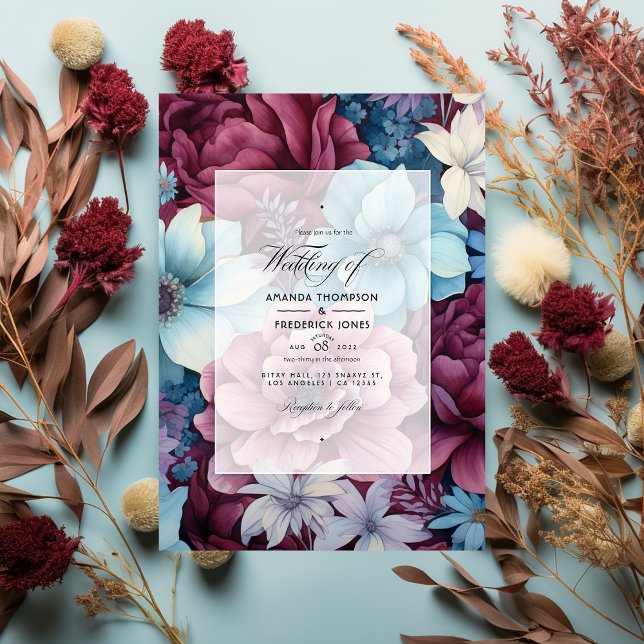 Invitation Burgundy et Dusty Blue Floral Mariage (Créateur téléchargé)