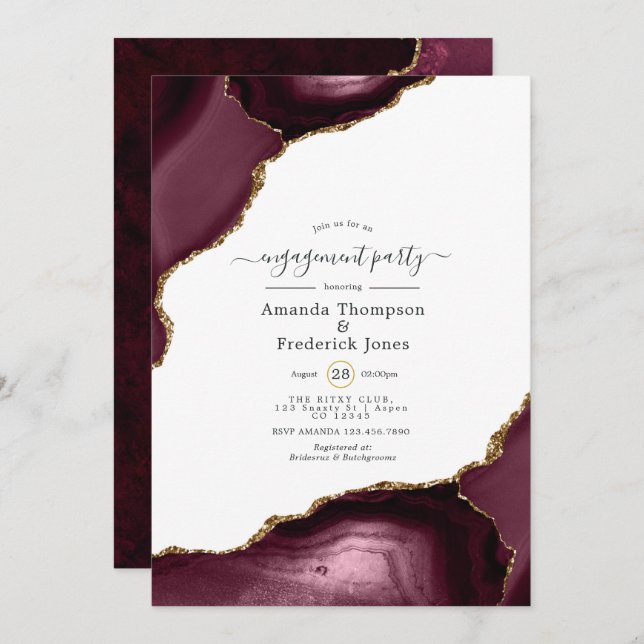 Invitation Burgundy et Gold Agate (Devant / Derrière)