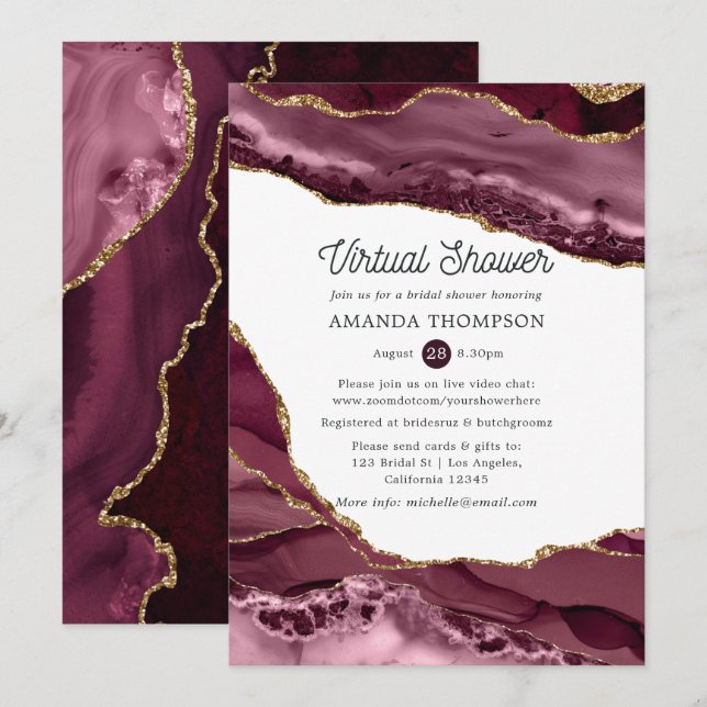 Invitation Burgundy et Gold Agate Fête des mariées virtuelle (Devant / Derrière)