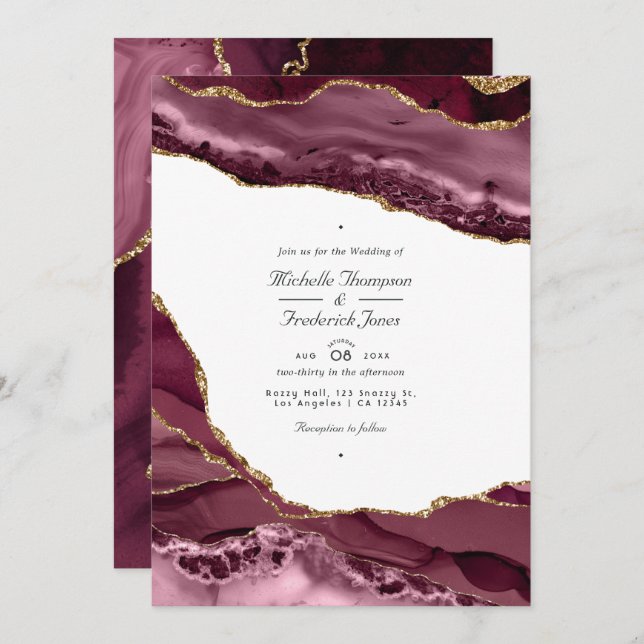 Invitation Burgundy et Gold Agate QR Code RSVP Mariage (Devant / Derrière)