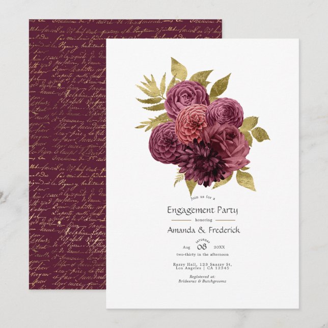 Invitation Burgundy et Gold Floral Engagement Party (Devant / Derrière)