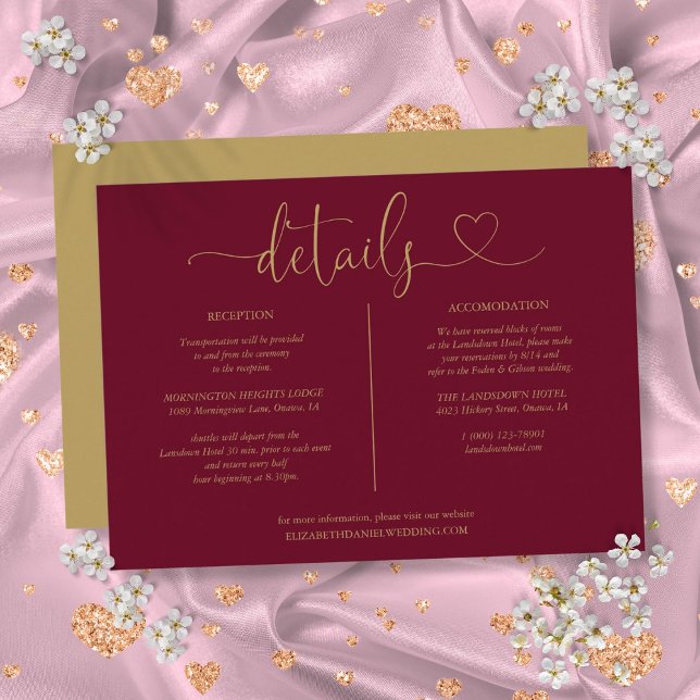 Invitation Burgundy Et Gold Heart Détails Du Script Informati (Burgundy And Gold Heart Script Details Information Invitation)